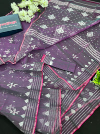 Dual Toned Original Handloom Halfsilk Dhakai Jamdani Saree With Silver Jori Work