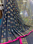 Black jamdani saree with golden silver and copper jori work and pink border