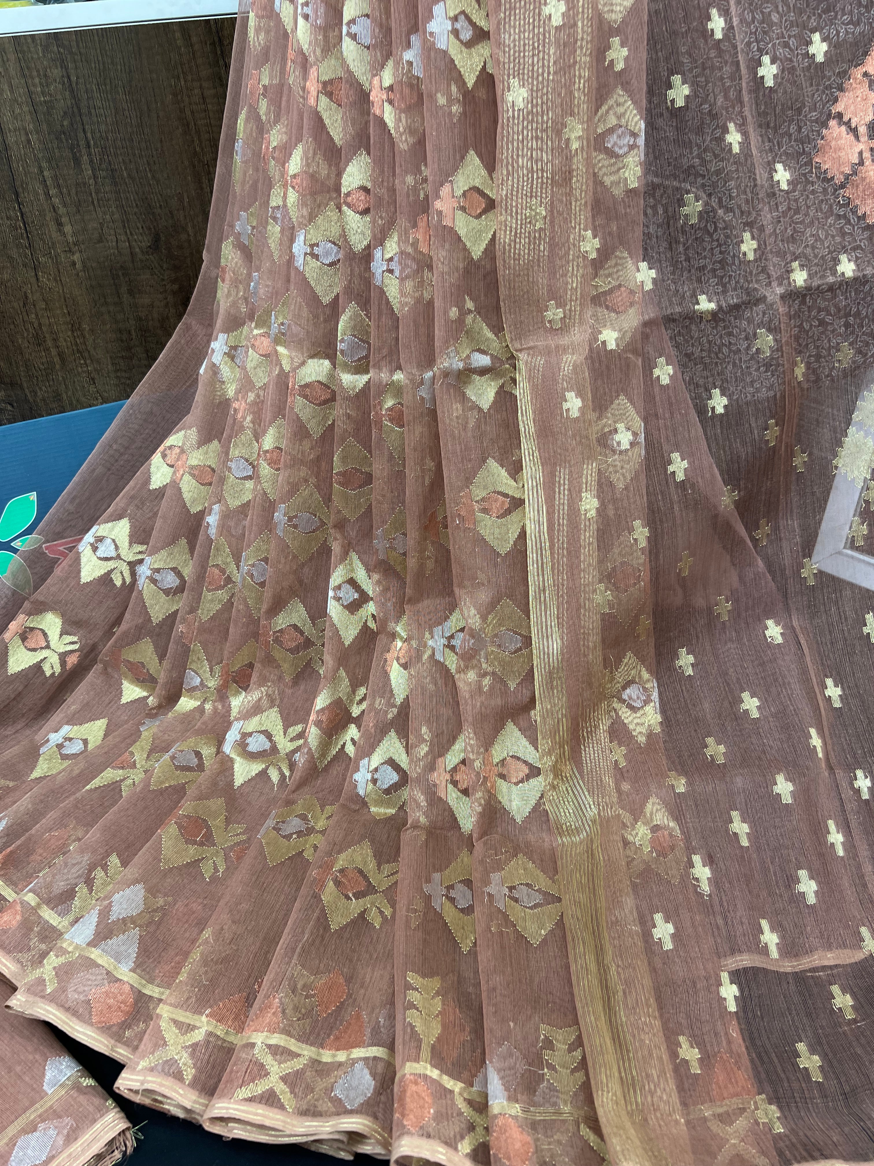 Nude mauve halfsilk jamdani saree with golden silver & copper jori work