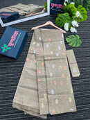 Hazel wood halfsilk jamdani saree with golden silver & copper jori work