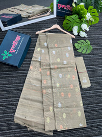 Hazel wood halfsilk jamdani saree with golden silver & copper jori work