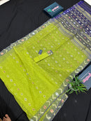 Olive halfsilk jamdani saree with golden silver & copper jori work and blue contrast paar