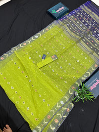 Olive halfsilk jamdani saree with golden silver & copper jori work and blue contrast paar