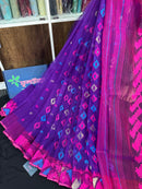 Purple halfsilk jamdani saree with blue pink threads work and golden jori work