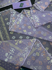 Lite lavender jamdani saree with golden silver copper jori work.