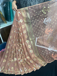 Nude mauve halfsilk jamdani saree with golden silver & copper jori work