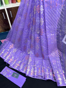 Lavender Colour Original Handloom Halfsilk Dhakai Jamdani With Golden Silver & Copper Jori Work