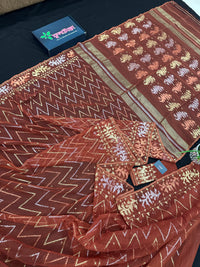 Brown reshom halfsilk jamdani saree with golden silver & copper jori work.