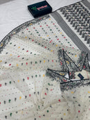 White cotton jamdani saree with black red yellow green threads work & blouse piece.