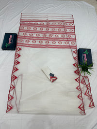 White Jamdani Saree With Red Paar.