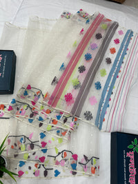 White Jamdani Saree With Multiple Threads Work.