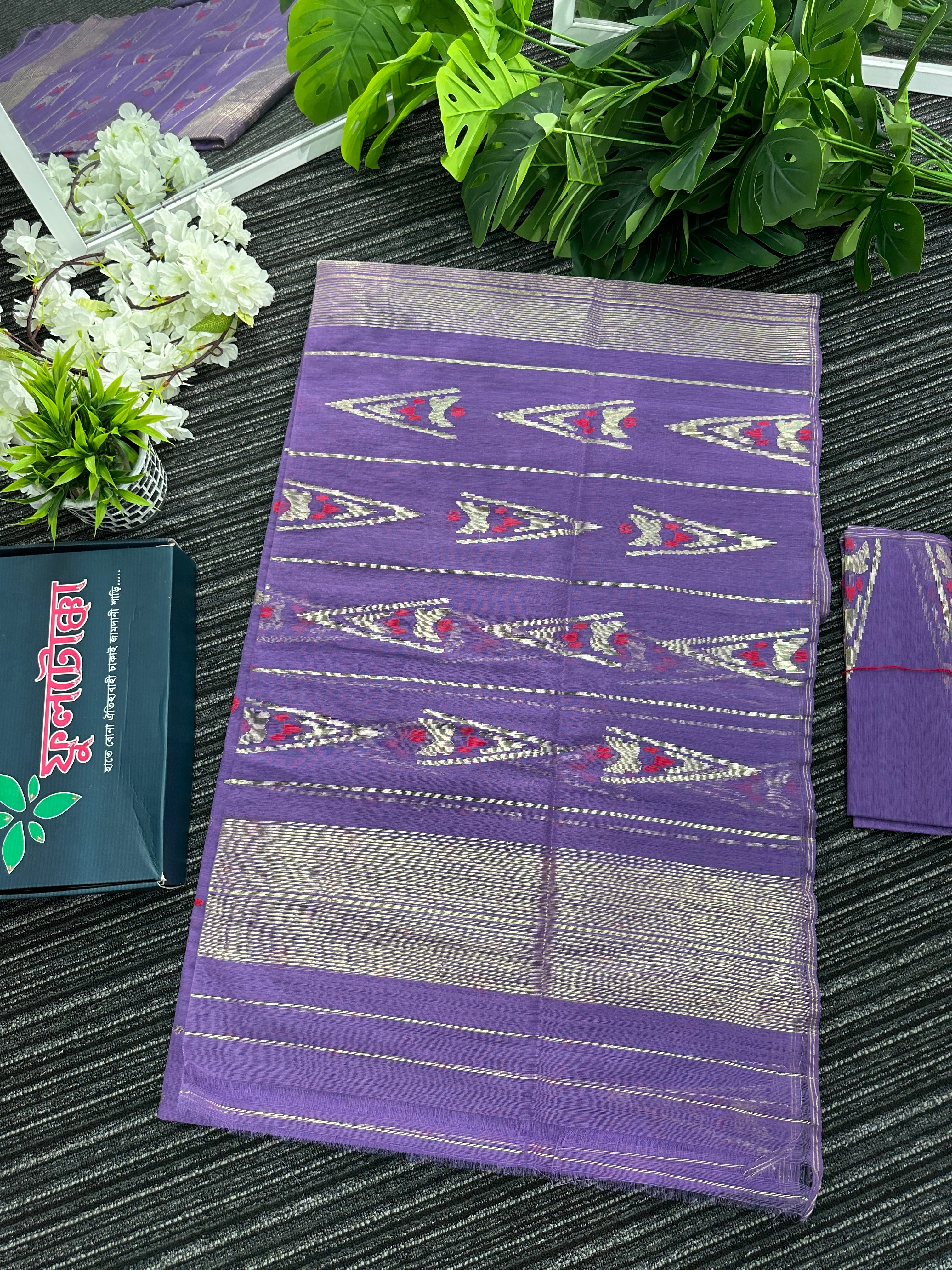 Purplish Lavendar halfsilk jamdani saree with golden jori work and pink meena work