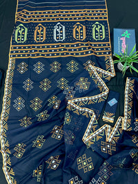 Navy blue jamdani saree with orange  green & off white threads work.