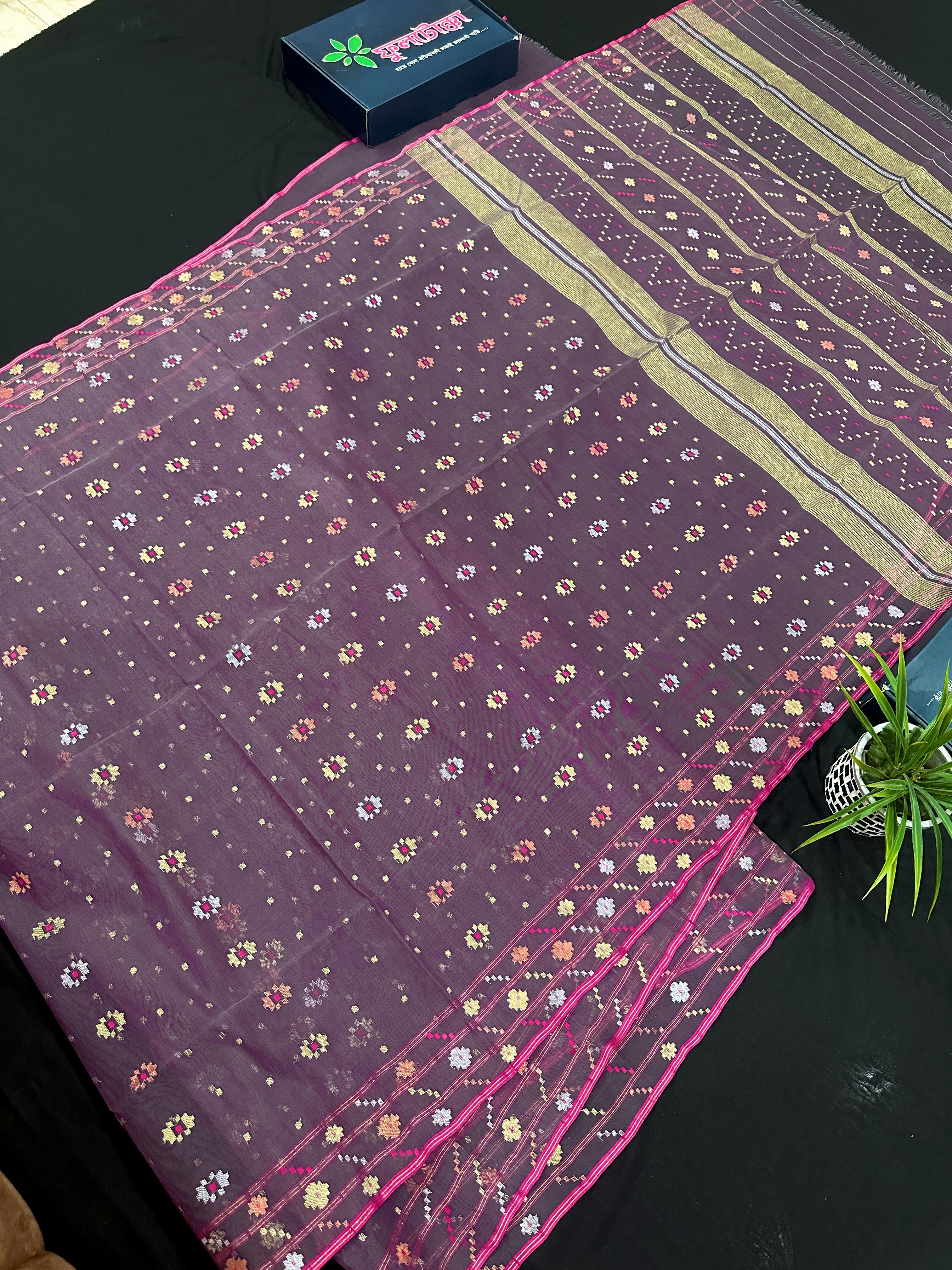 Deep bitrut dual toned jamdani saree with golden silver & copper jori work.