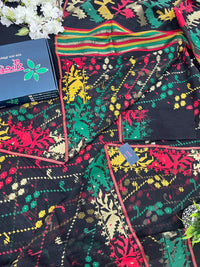 Black cotton jamdani saree with red green yellow multiple threads work
