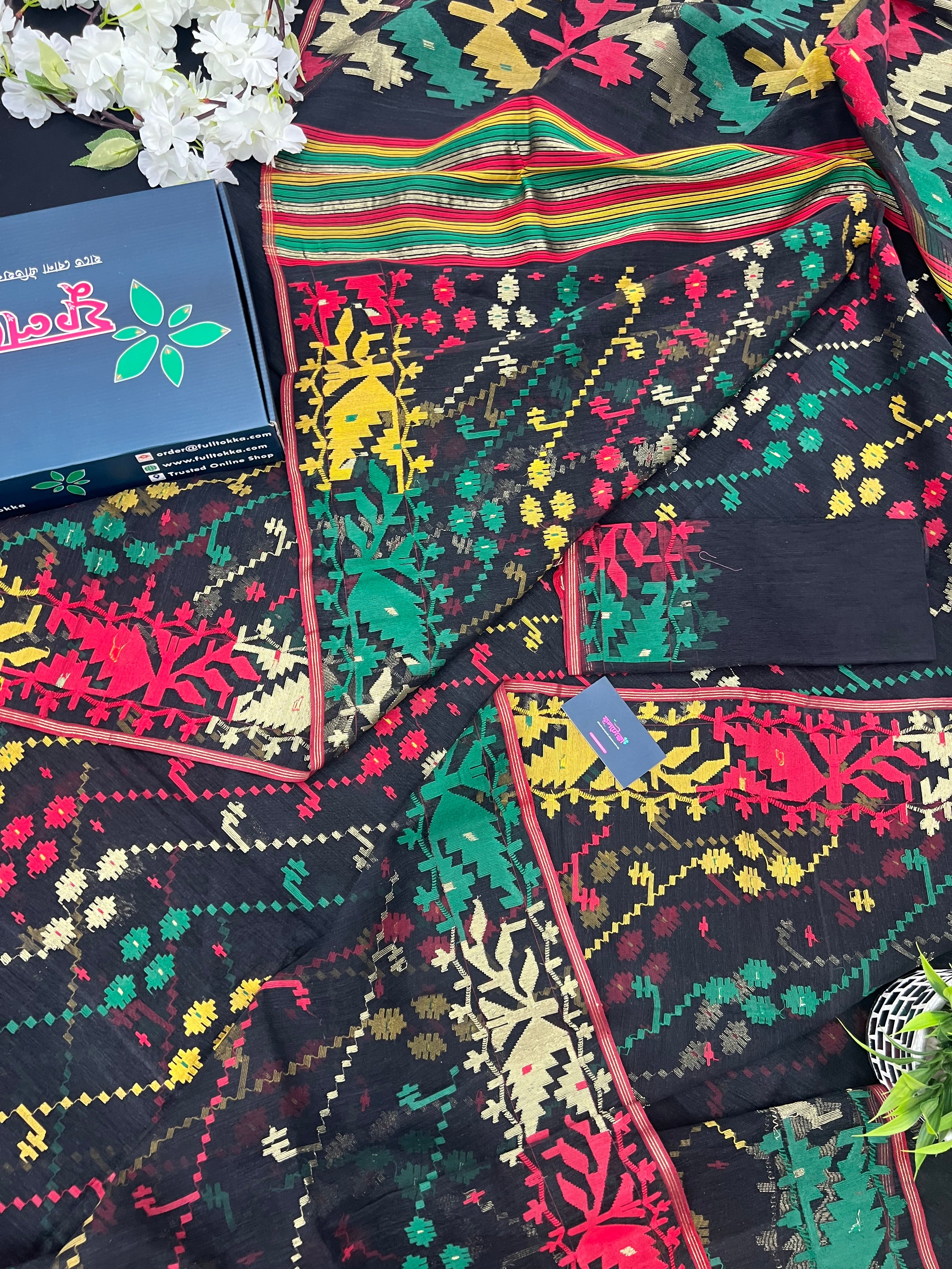Black cotton jamdani saree with red green yellow multiple threads work