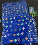 Royal blue jamdani saree with green pink blue orange threads work.