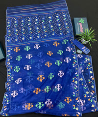 Royal blue jamdani saree with green pink blue orange threads work.