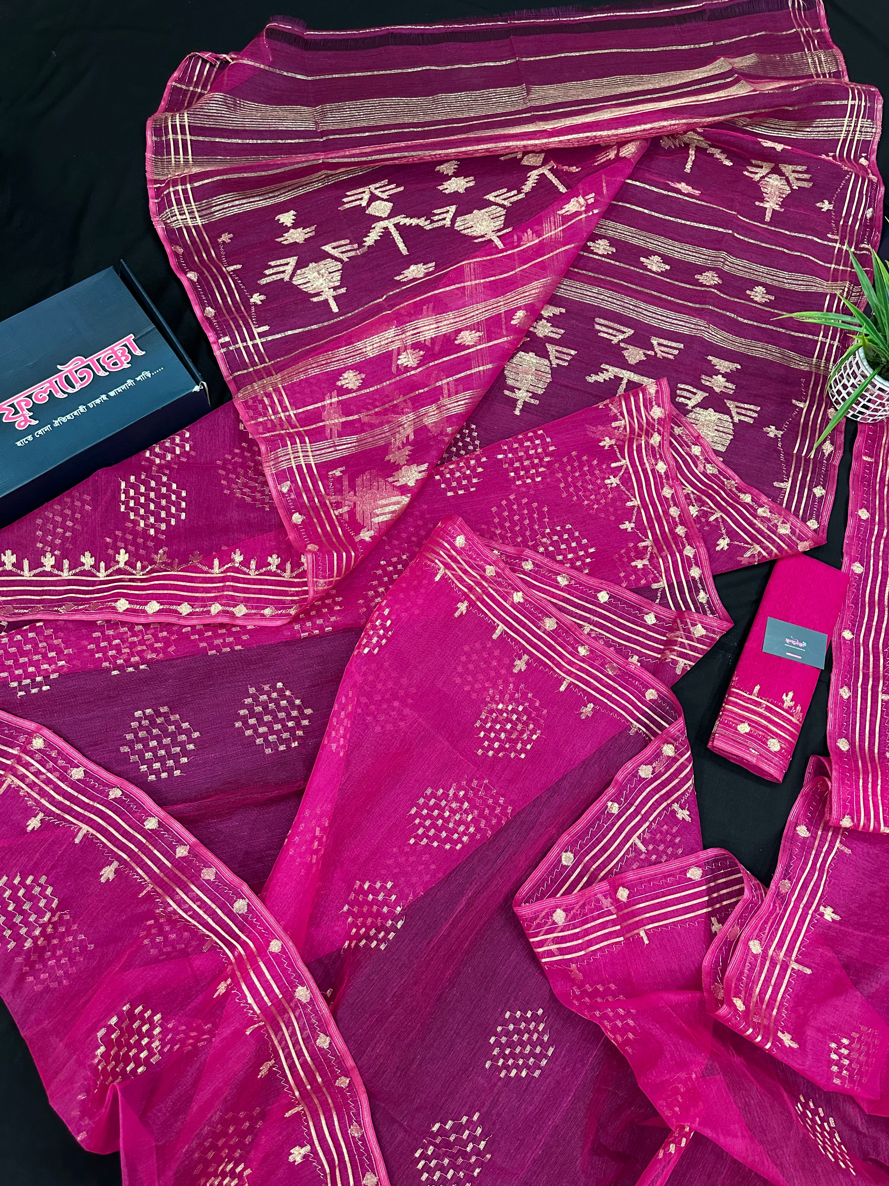 Magenta jamdani saree with golden jori work all over work and blouse piece