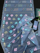 Powdery blue jamdani saree with pink blue and golden jori work.