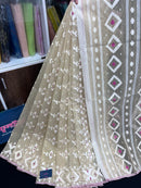 Creamy White Halfsilk Handloom Dhakai Jamdani Saree With White Thread Work & Pink Meena Work