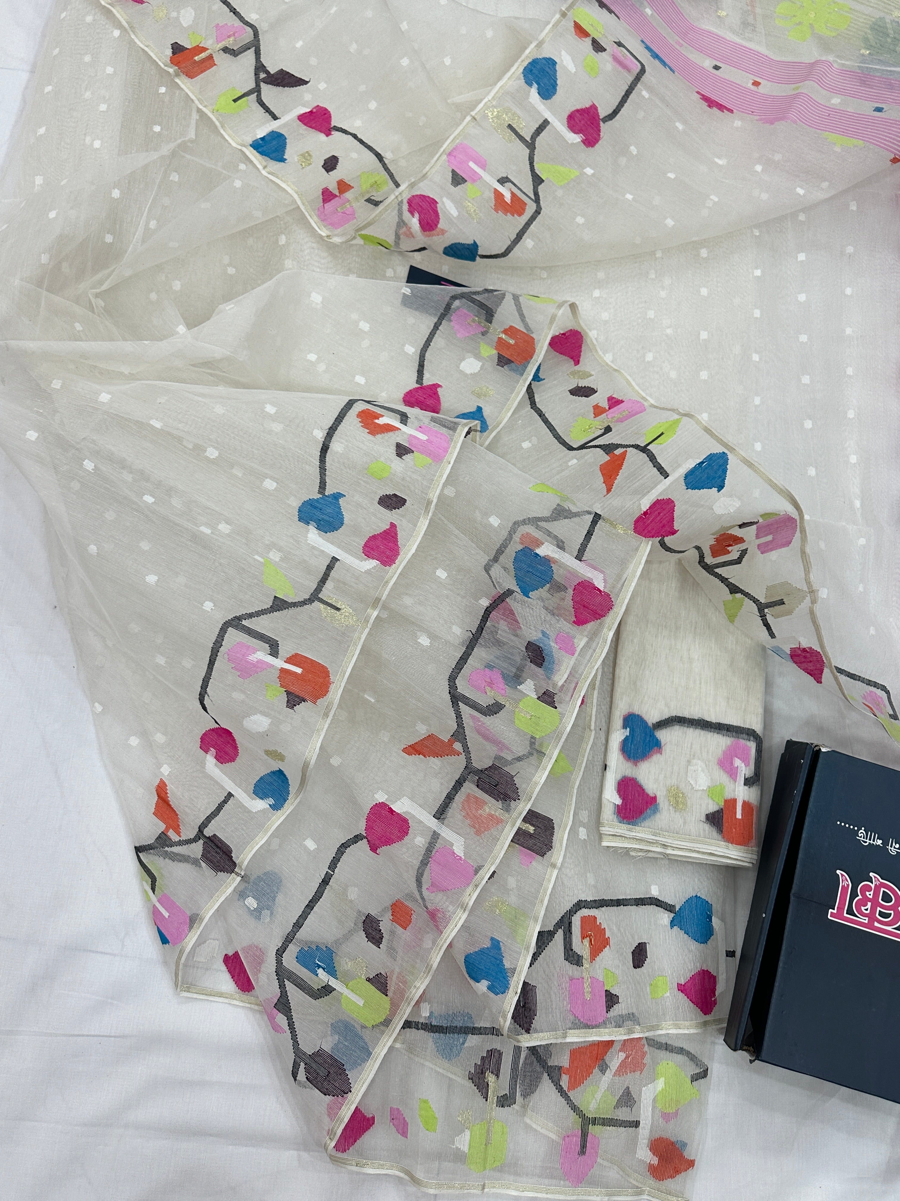 White Jamdani Saree With Multiple Threads Work.