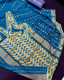 Peacock blue cotton jamdani saree with yellow threads work all over soft count