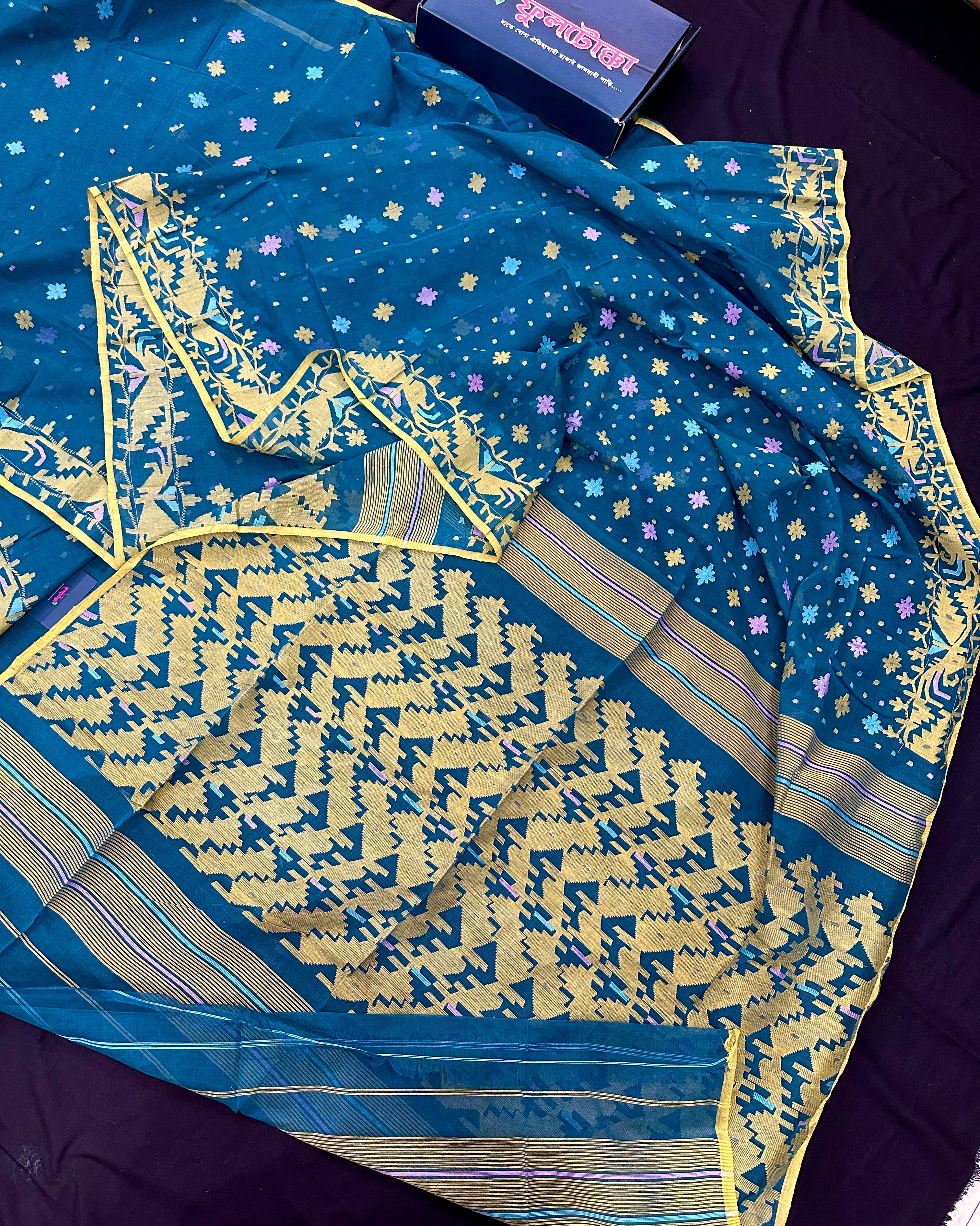 Peacock blue cotton jamdani saree with yellow threads work all over soft count