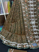 Mehendi Brown Original Handloom Halfsilk Dhakai Jamdani Sarww With Silver Jori Work & Orange Threads Work