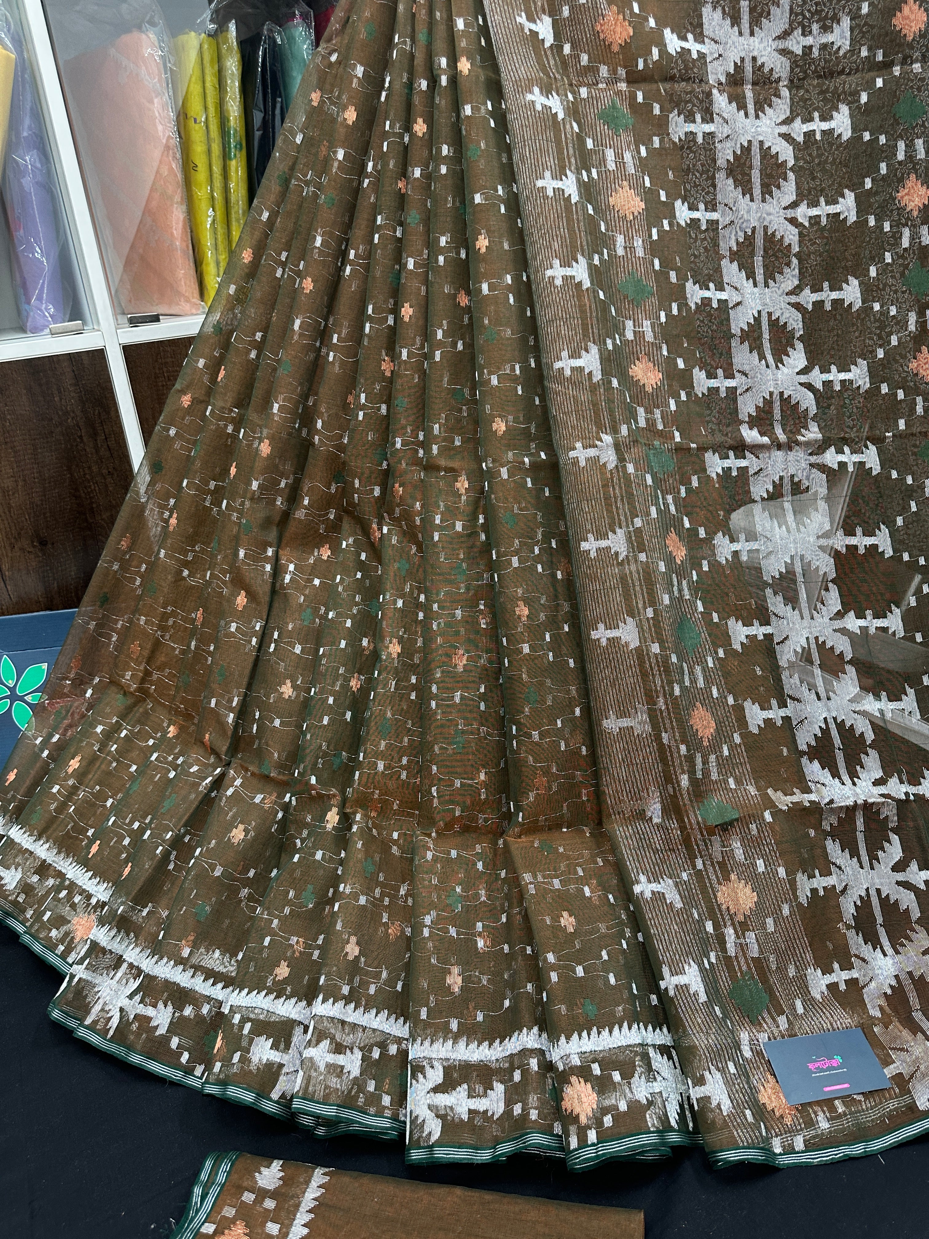 Mehendi Brown Original Handloom Halfsilk Dhakai Jamdani Sarww With Silver Jori Work & Orange Threads Work