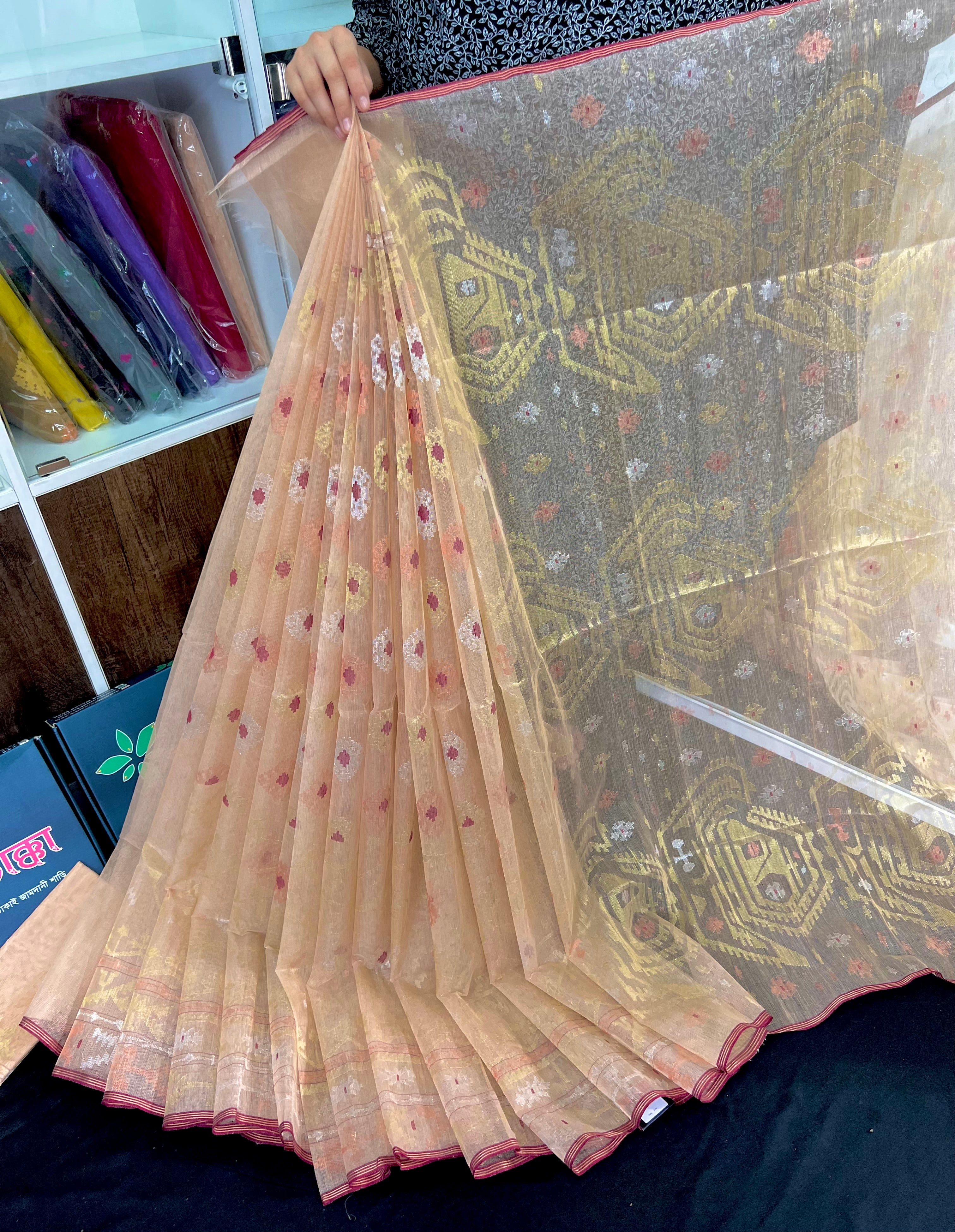 Peach Golden halfsilk exclusive jamdani saree with golden silver & copper jori work