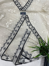 Black White Jamdani Saree With Black Threads & White Threads Work.