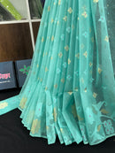 Sky blue halfsilk jamdani saree with golden jori work and self threads work