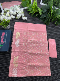 Blushing peach halfsilk jamdani saree with golden jori work and white threads work