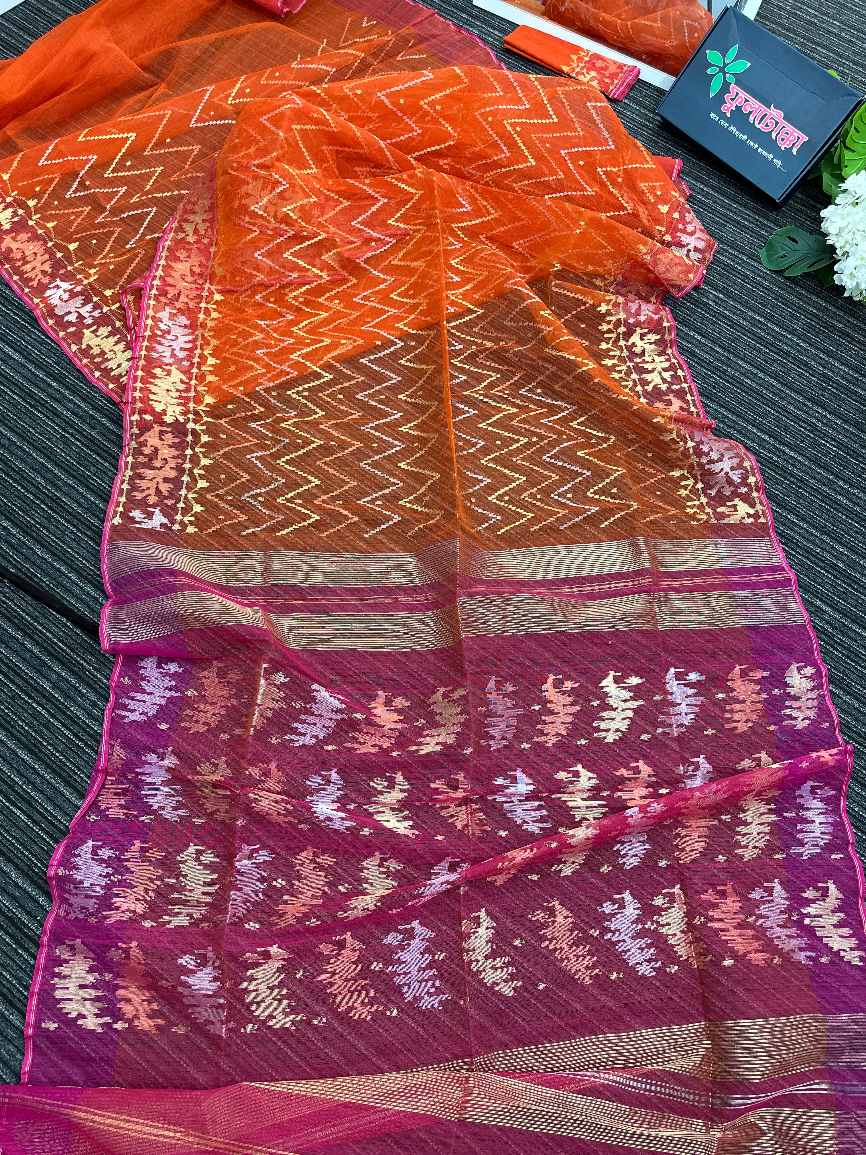 Orange halfsilk jamdani saree with pink paar