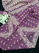 Onion cotton jamdani saree with yellowish threads work all over work.