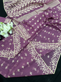 Onion cotton jamdani saree with yellowish threads work all over work.