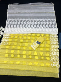 Yellow Colour Original Handloom Halfsilk Dhakai Jamdani With White Threads Work