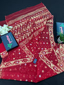 Red jamdani saree with golden jori all over work with blouse piece.