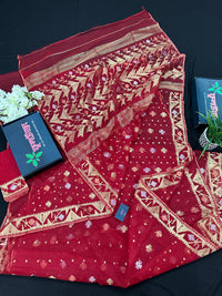 Red jamdani saree with golden jori all over work with blouse piece.