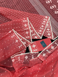 Sweet pink cotton jamdani saree with white threads work and blouse piece.