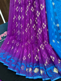 Purple halfsilk jamdani saree with golden jori work and contrast blue paar