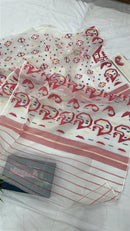 White cotton jamdani saree with multiple colour threads work and blouse piece.
