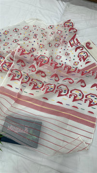 White cotton jamdani saree with multiple colour threads work and blouse piece.