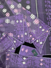 Lavender Jamdani Saree With White Pink Lavender Threads Work.
