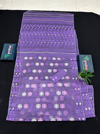 Lavender Jamdani Saree With White Pink Lavender Threads Work.