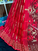 Red semi bridal halfsilk jamdani saree with golden jori work and red threads work