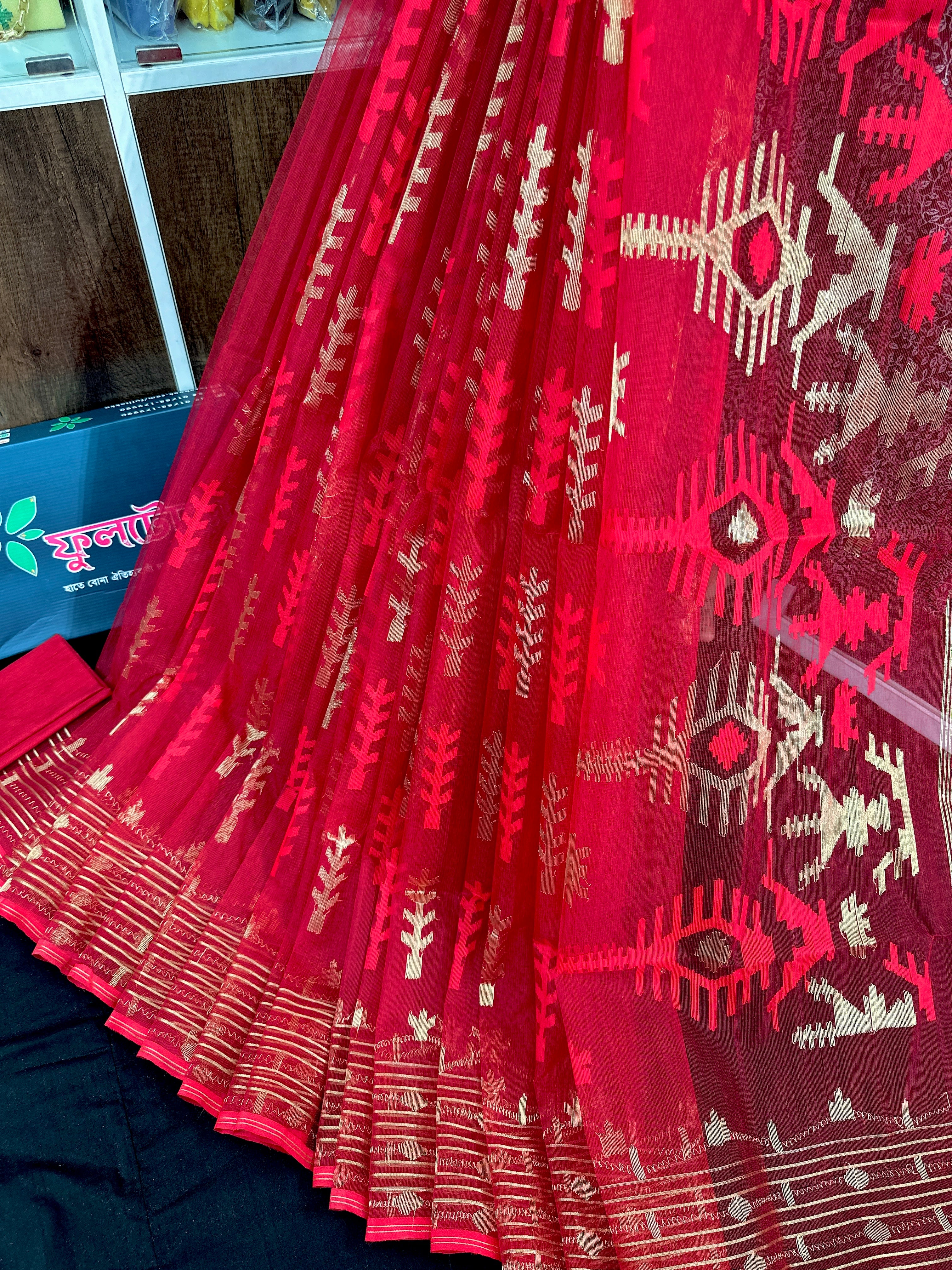 Red semi bridal halfsilk jamdani saree with golden jori work and red threads work