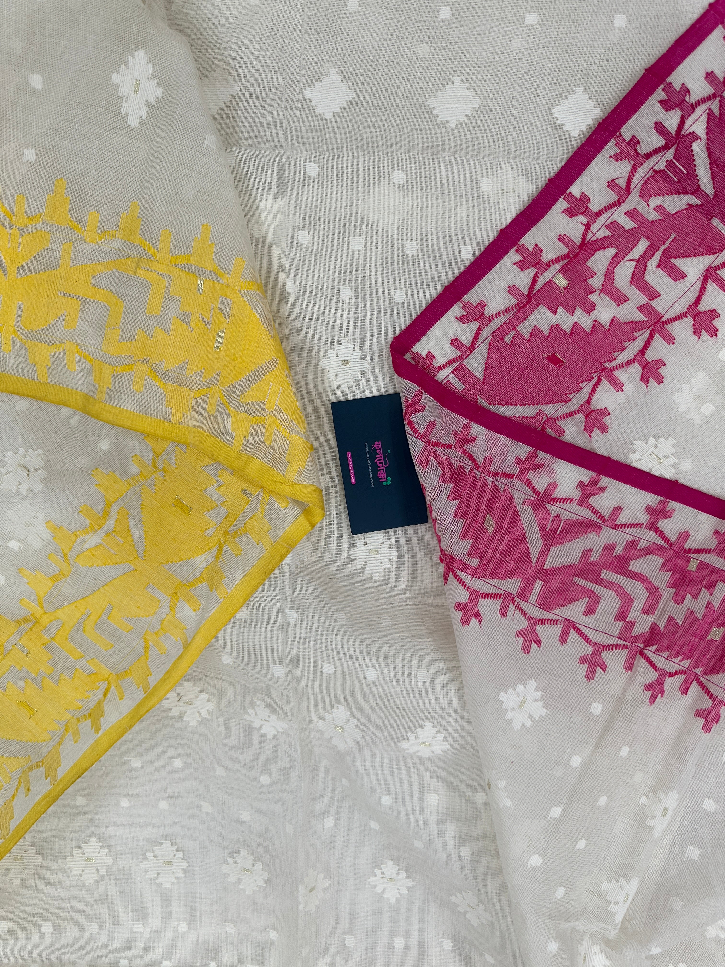 White cotton gonga jamuna design jamdani saree with pink & yellow threads work.