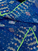 Sea blue dhakai jamdani saree with golden silver & copper jori work soft count.